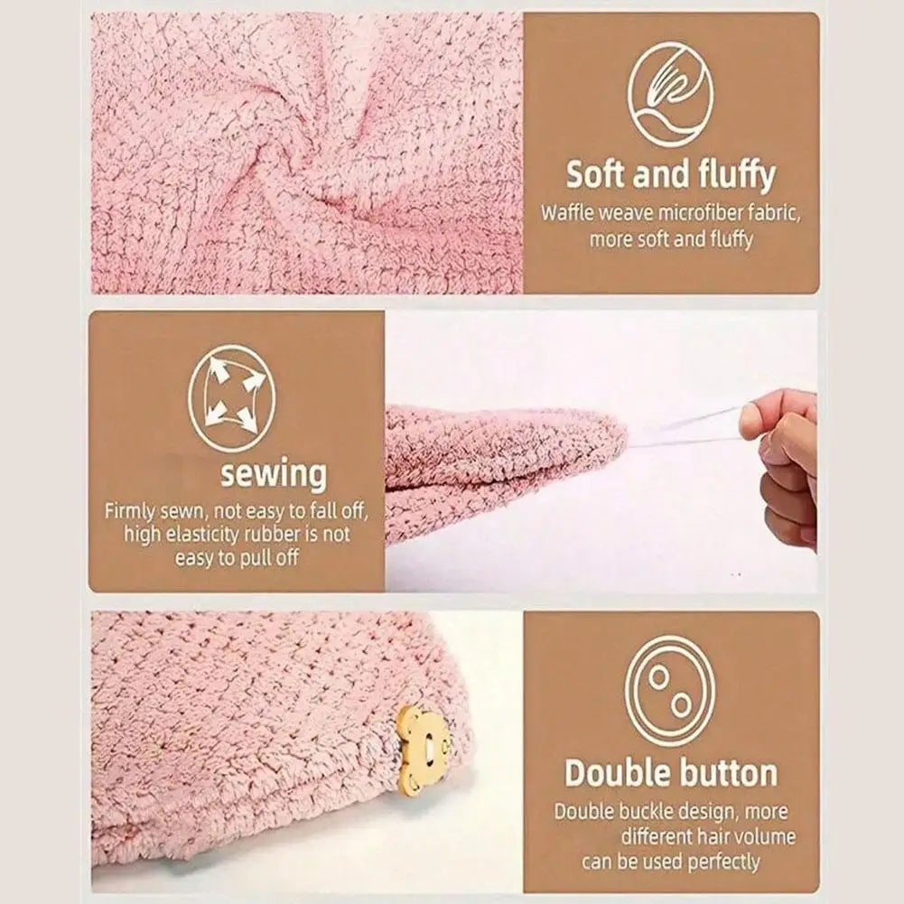 Pink microfiber hair drying towel wrap featuring a waffle weave fabric and a double button closure.