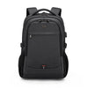 A black laptop backpack featuring a top handle and a USB charging port.