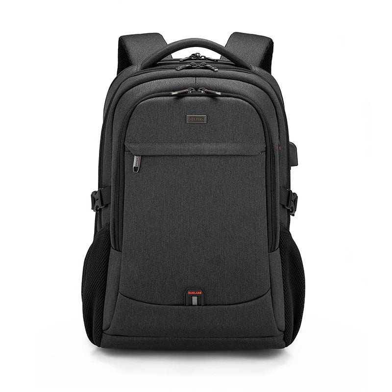 A black laptop backpack featuring a top handle and a USB charging port.
