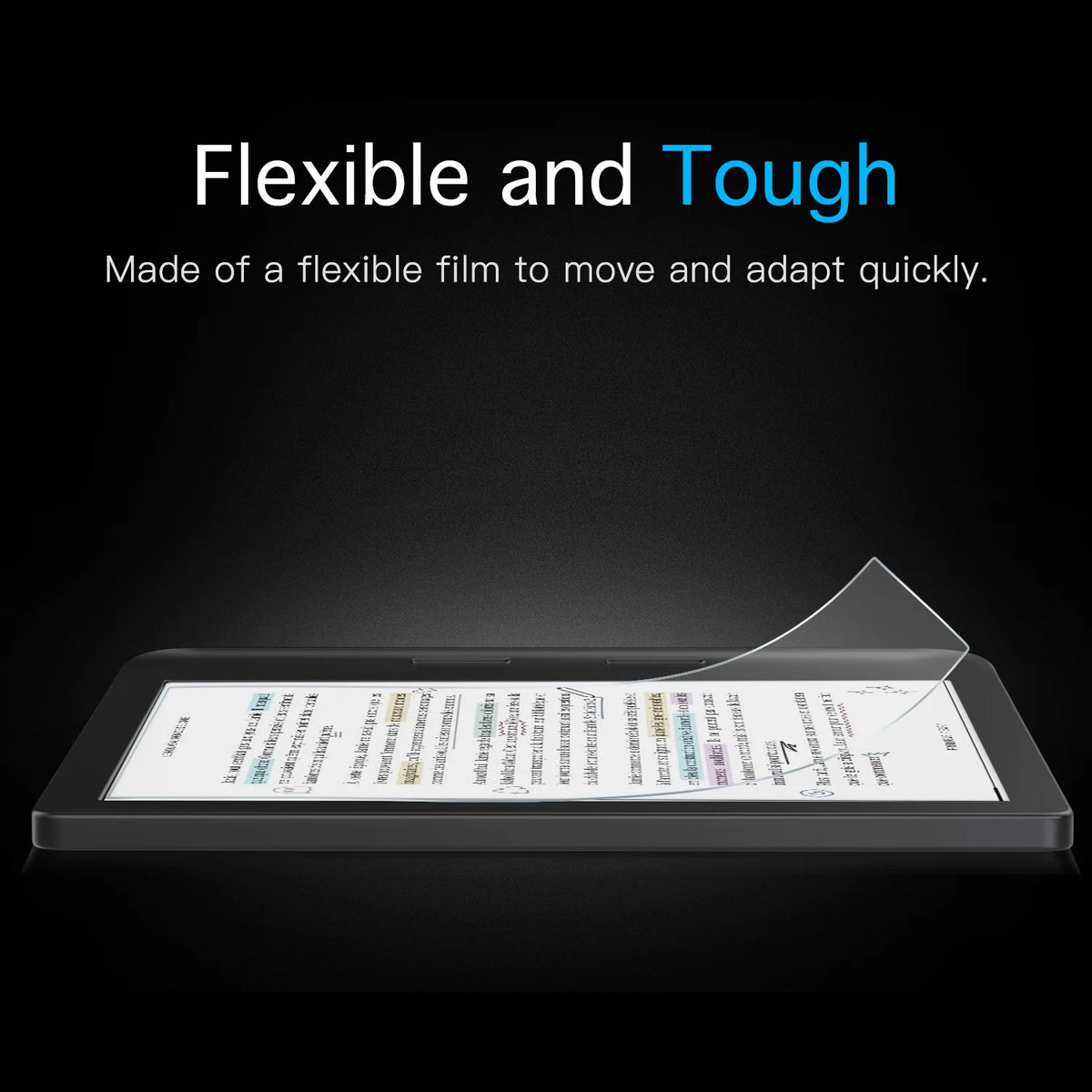 A flexible film screen protector for a Kobo Libra Colour or Libra 2 e-reader displayed on a dark surface.