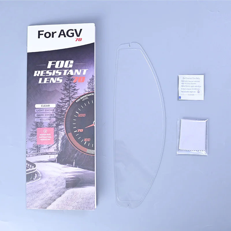 A package of fog resistant lens shields for AGV 70 motorcycle helmets, including a clear lens and instructions.