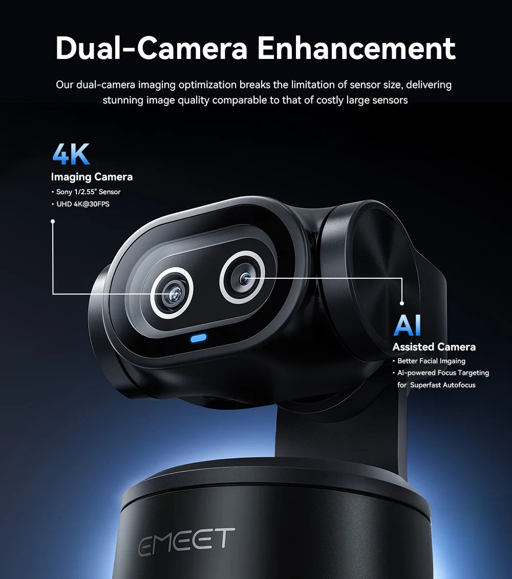 A close-up of an AI-assisted 4K dual-camera PTZ webcam with a black housing and lens assembly.