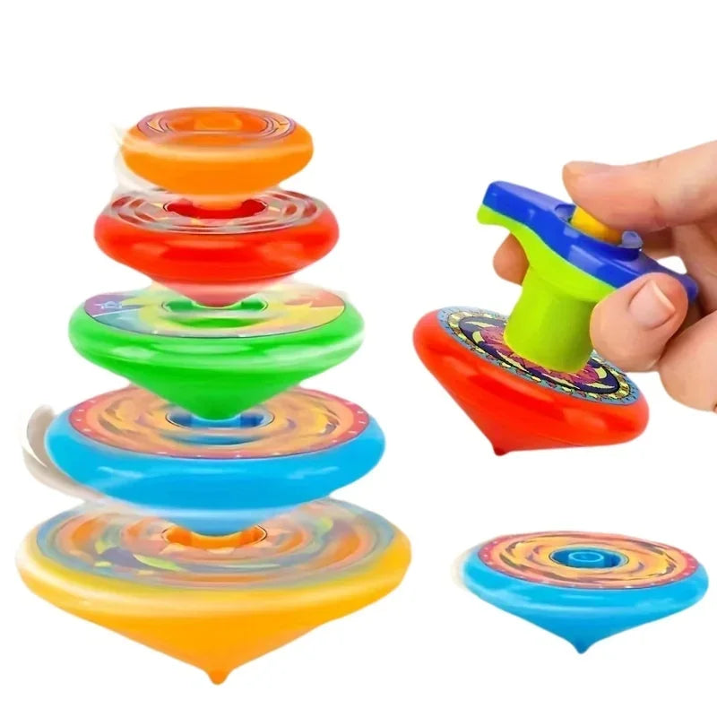 A stack of five colorful, layered spinning top toys in orange, red, green, blue, and yellow.