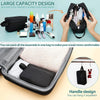A black large capacity toiletry bag is shown being used to organize various cosmetics and toiletries.