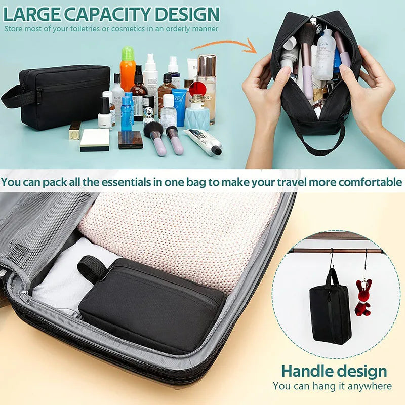 A black large capacity toiletry bag is shown being used to organize various cosmetics and toiletries.