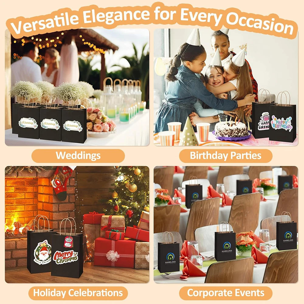 A collection of sturdy kraft paper gift bags with handles in various colors and designs for different occasions.