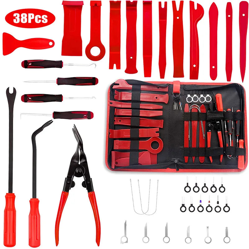 A collection of 38 car trim removal tools in red and black housed in a storage pouch.