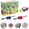 Metal Assemble Gyro spinning top battle set with launchers showing various colored tops and launch mechanisms