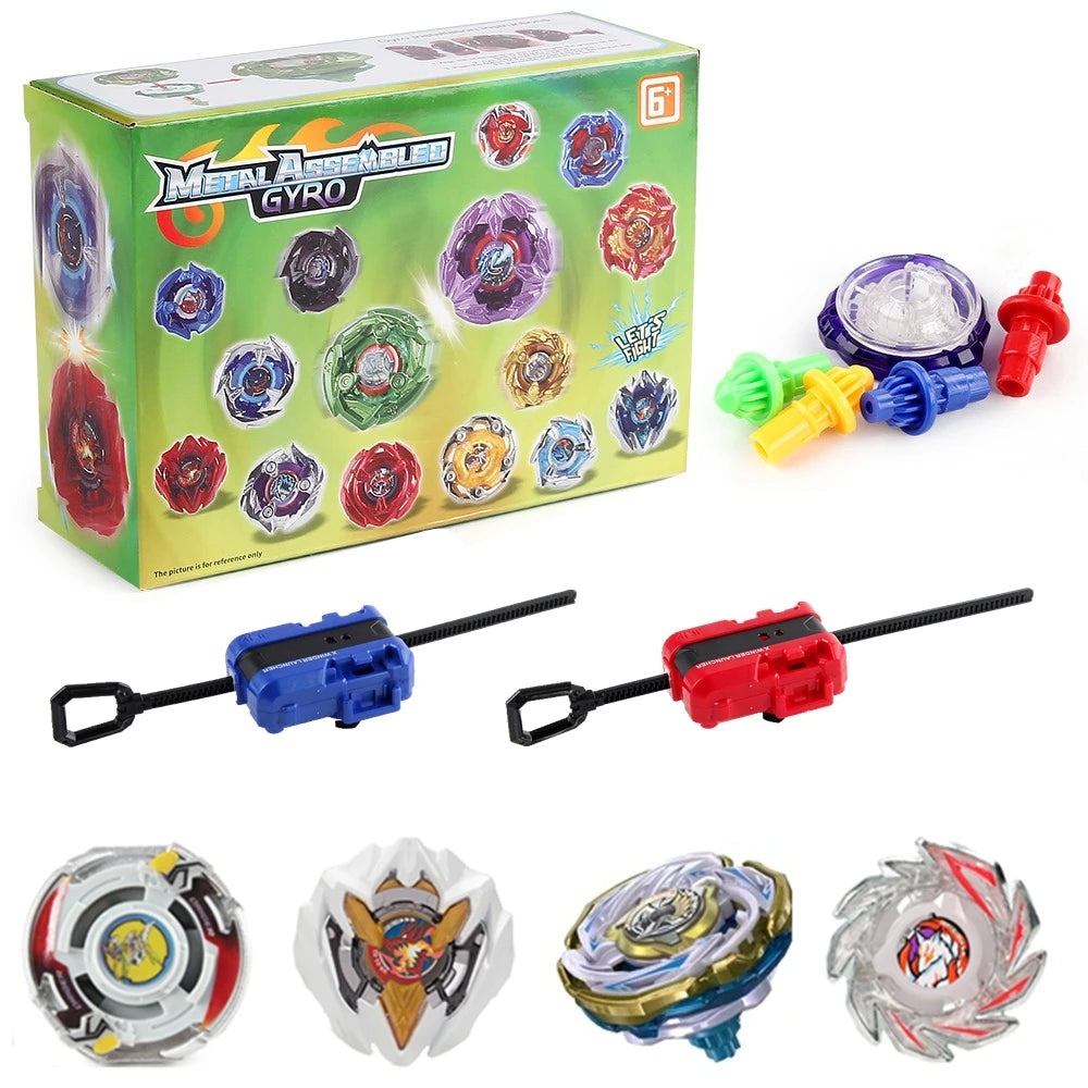 Metal Assemble Gyro spinning top battle set with launchers showing various colored tops and launch mechanisms