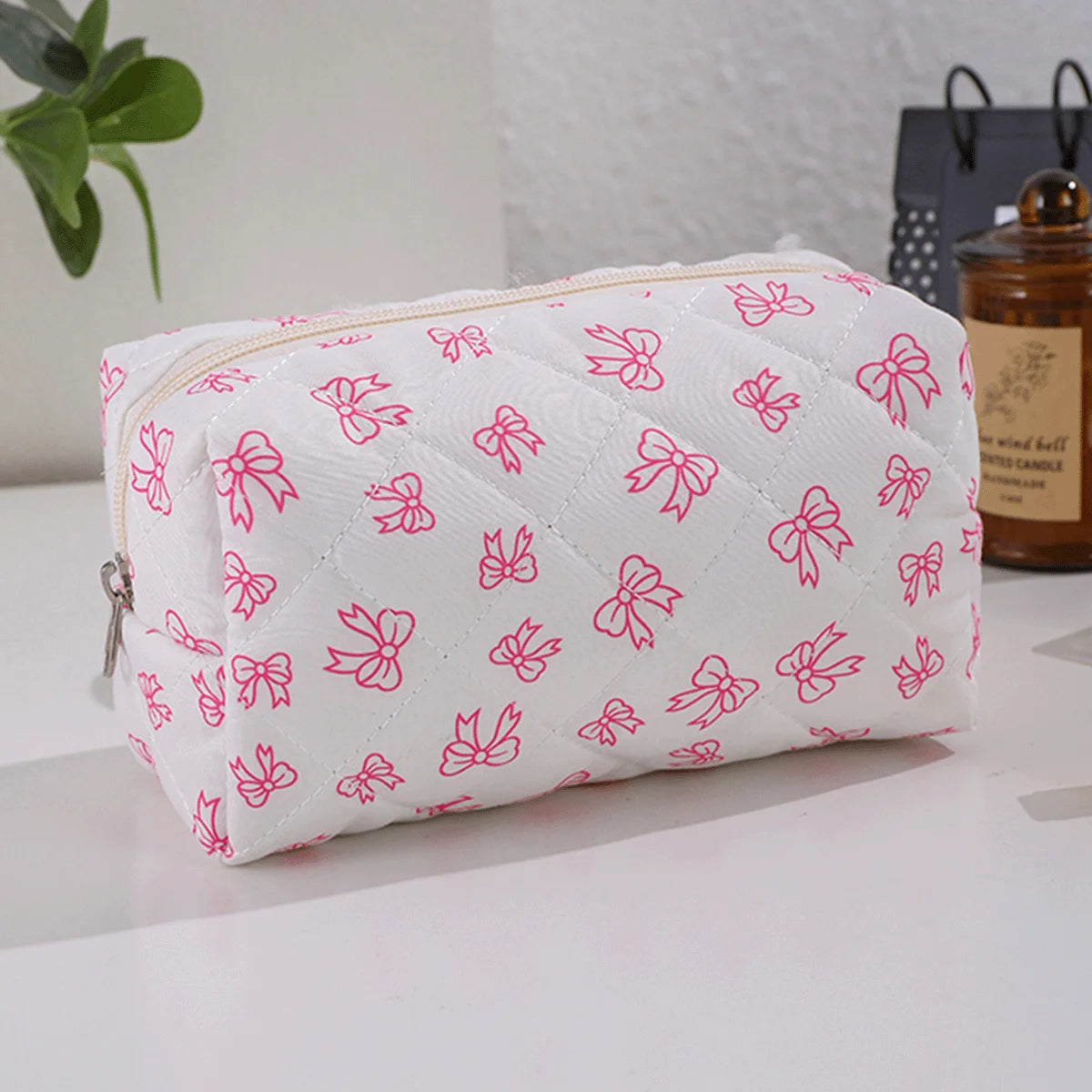 Bowknot Print Makeup Bag - Large Capacity Travel Toiletry Organizer