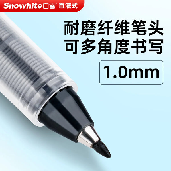 A close-up view of a silver pen with a black tip, designed for writing, featuring a 1.0mm fiber tip.