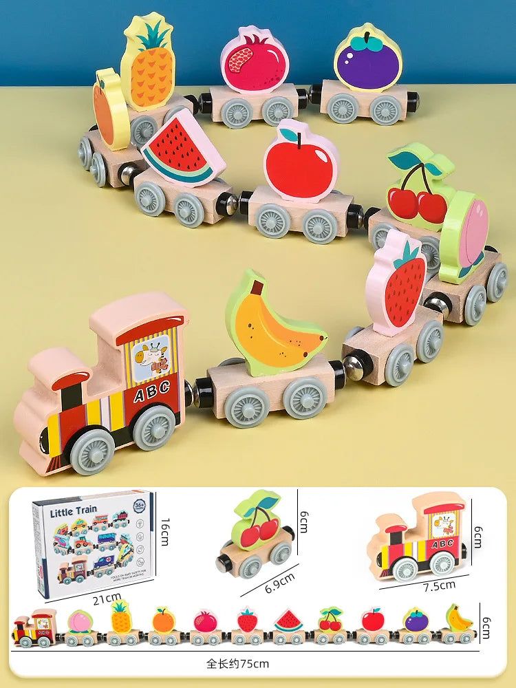 Montessori Magnetic Wooden Train Set with Animal & Vehicle Carriages