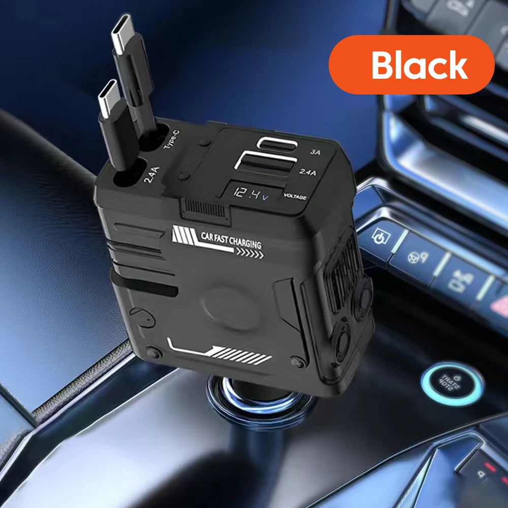 Black car fast charging adapter with multiple ports resting on a car interior surface.