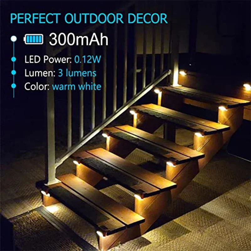 LED step lights illuminate an outdoor staircase with warm white light.