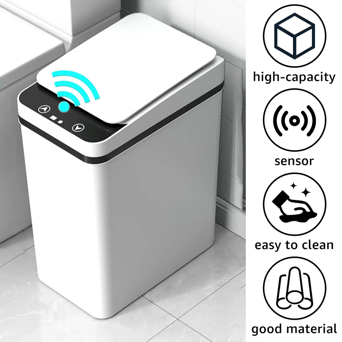 A white touchless trash can with a lid and sensor features for high-capacity, easy cleaning, and good material.