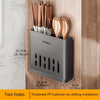 A gray cutlery organizer holds wooden chopsticks and forks in a wall-mounted holder with no drilling installation.