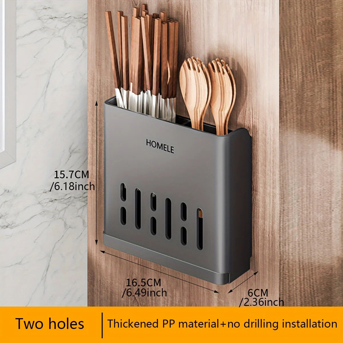 A gray cutlery organizer holds wooden chopsticks and forks in a wall-mounted holder with no drilling installation.