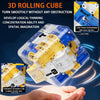 A blue and yellow 3D rolling cube is shown being held in a hand, demonstrating its smooth turning ability.