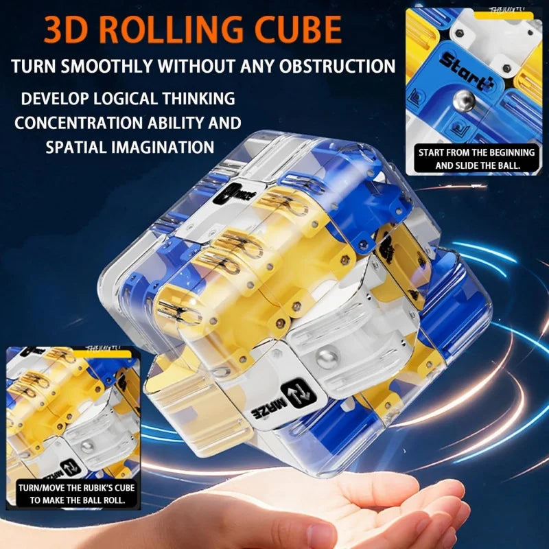 A blue and yellow 3D rolling cube is shown being held in a hand, demonstrating its smooth turning ability.