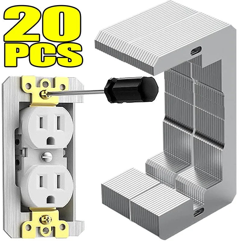 A kit of 20 galvanized outlet spacers for flush mount installation, showing a silver metal piece and a black connector.