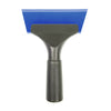 A black windshield ice scraper and squeegee with a blue blade.