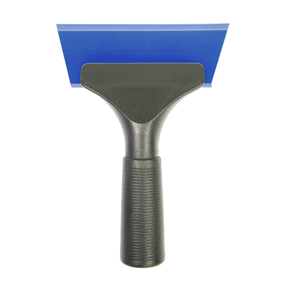 A black windshield ice scraper and squeegee with a blue blade.