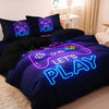 A dark blue duvet cover featuring a glowing purple video game controller design and the text LET'S PLAY.