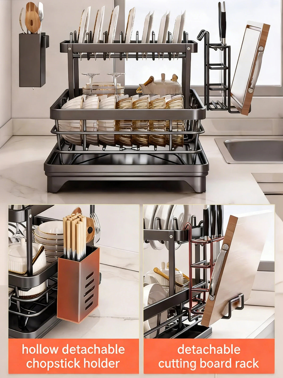 A black 2-tier kitchen countertop drying rack with an auto-draining tray and detachable holders for chopsticks and a cutting 