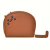 A brown cartoon cat-shaped PU leather card wallet with a stitched face design.