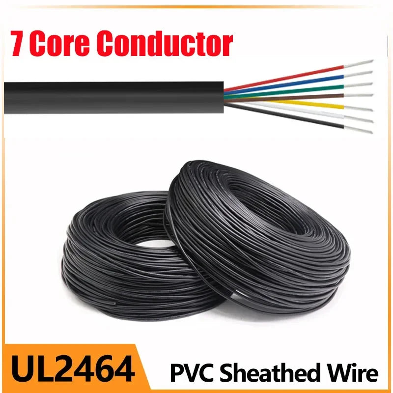 Spool of black PVC sheathed 7 core conductor wire with multiple colored insulated wires.