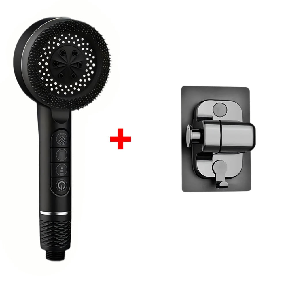 A black high-pressure handheld shower head with a silicone nozzle and a square chrome shower handle.