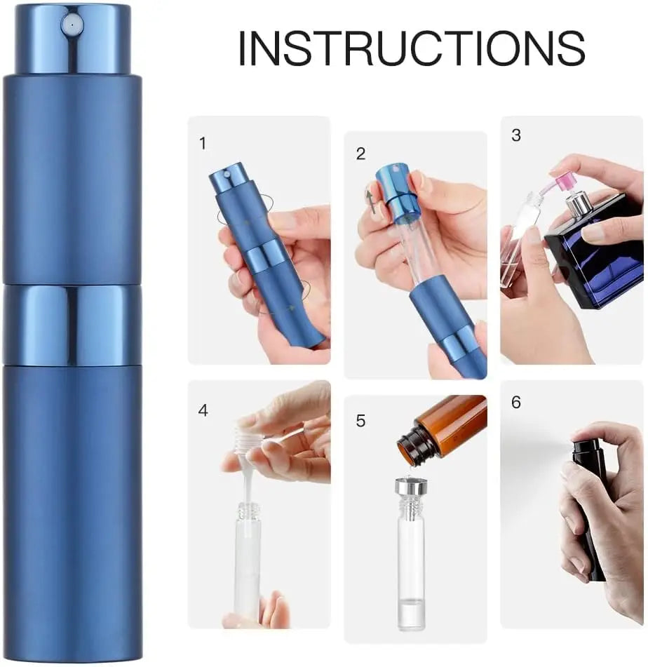 Instrucciones para un set de atomizadores de perfume de 3 piezas, mostrando pasos de uso y montaje.