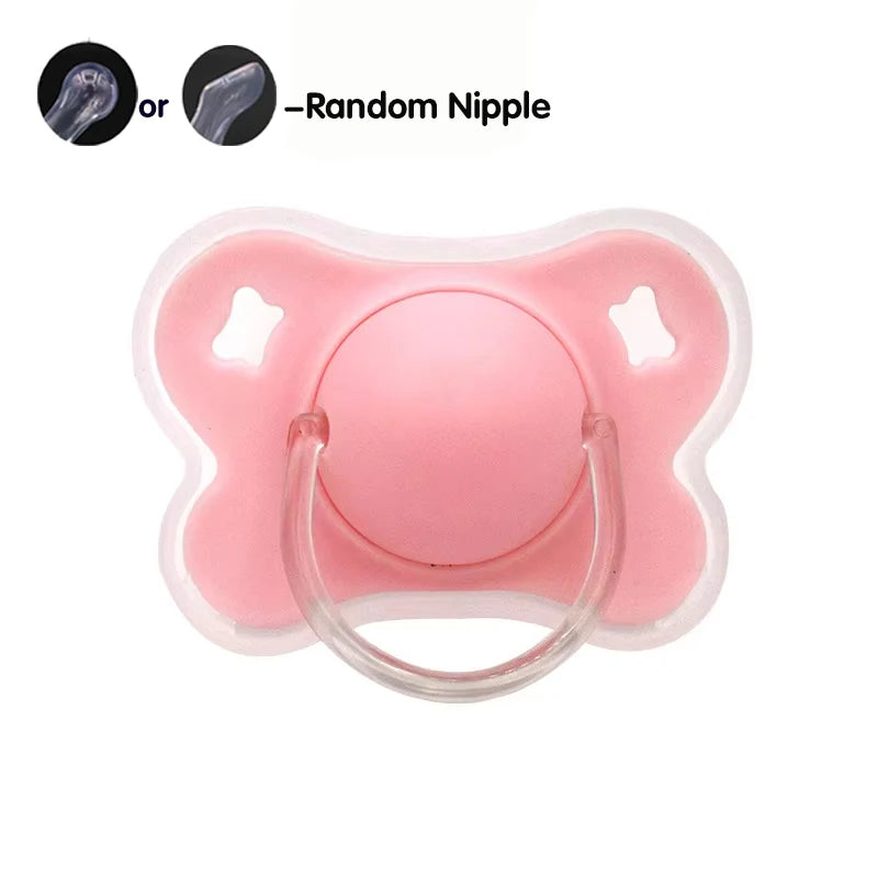 Pink silicone baby pacifier with a flower design and protective cover