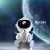 A white robot rocket model is displayed in front of a blue planet against a starry night background.