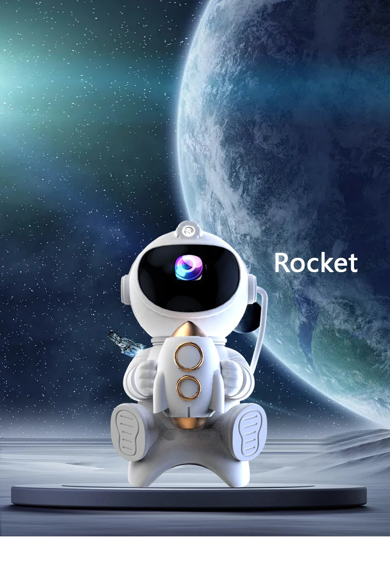 A white robot rocket model is displayed in front of a blue planet against a starry night background.