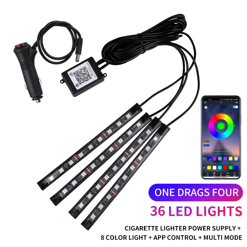 RGB LED car interior ambient light kit with power supply and remote control featuring 36 LED lights