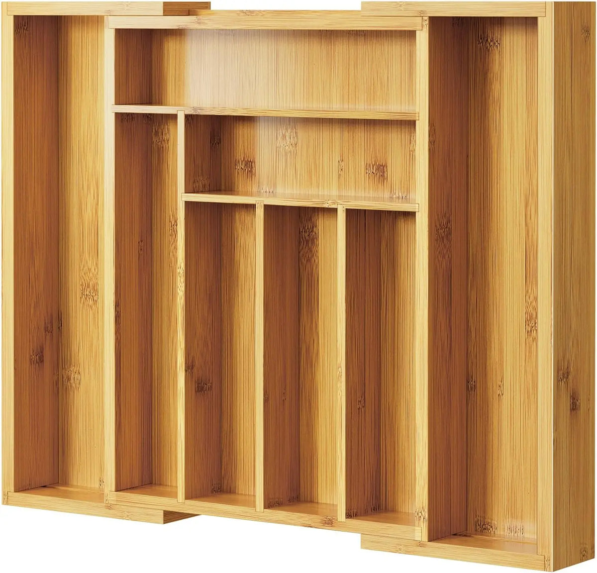 A wooden drawer organizer with multiple bamboo compartments for utensil storage.