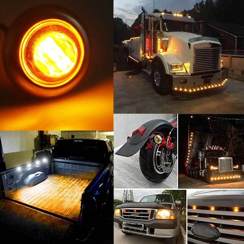 A collection of round LED side marker lights for trucks and trailers, including a bright circular light and various truck lig