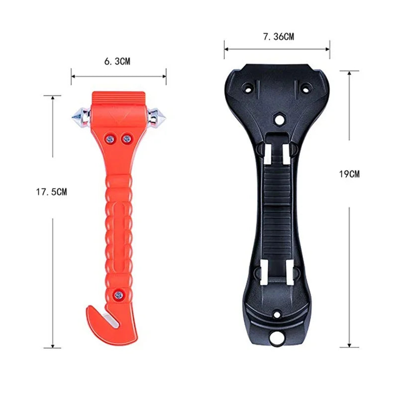 Orange emergency escape hammer with seatbelt cutter and black plastic handle