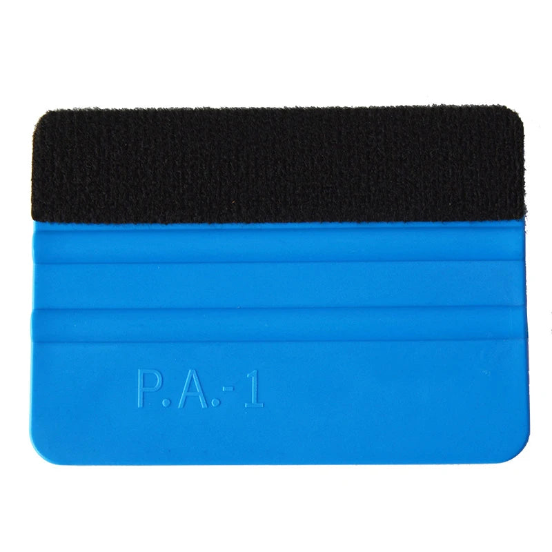 A blue plastic squeegee with a black suede felt pad, labeled P.A-1, for vinyl wrap installation.