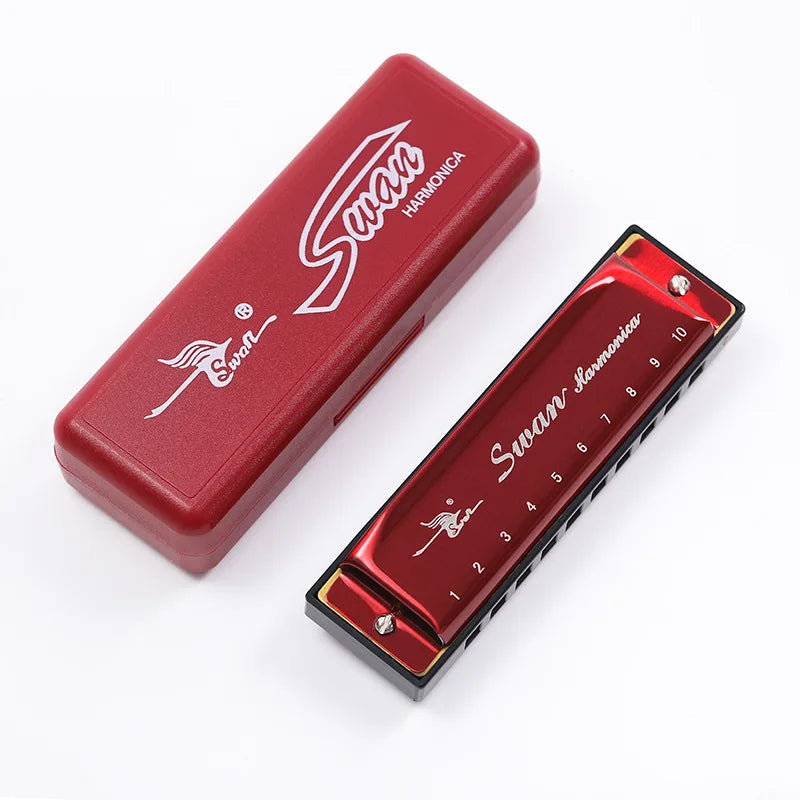 A red harmonica in a protective case with a silver-colored slide and numbered holes.