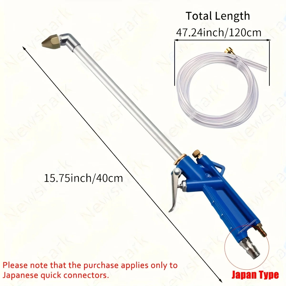A blue pneumatic high-pressure water gun with a clear hose and Japanese quick connectors shown in a profile view.