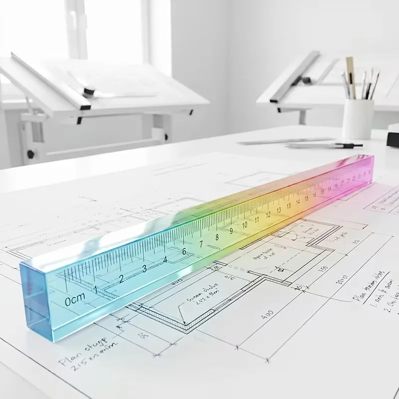 A colorful geometric cube drawing tool with a straight edge is laid out on a white desk next to technical drawings.