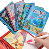 A stack of colorful reusable magic water drawing books with a hand holding a pink paint brush on a drawing pad.