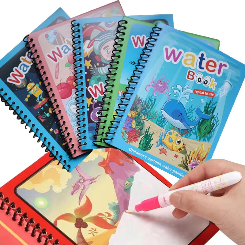 A stack of colorful reusable magic water drawing books with a hand holding a pink paint brush on a drawing pad.