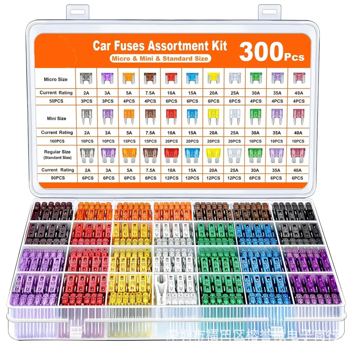 Assortiment-Set mit 300 Auto-Sicherungen in Mikro-, Mini- und Standardgrößen mit verschiedenen Stromangaben.