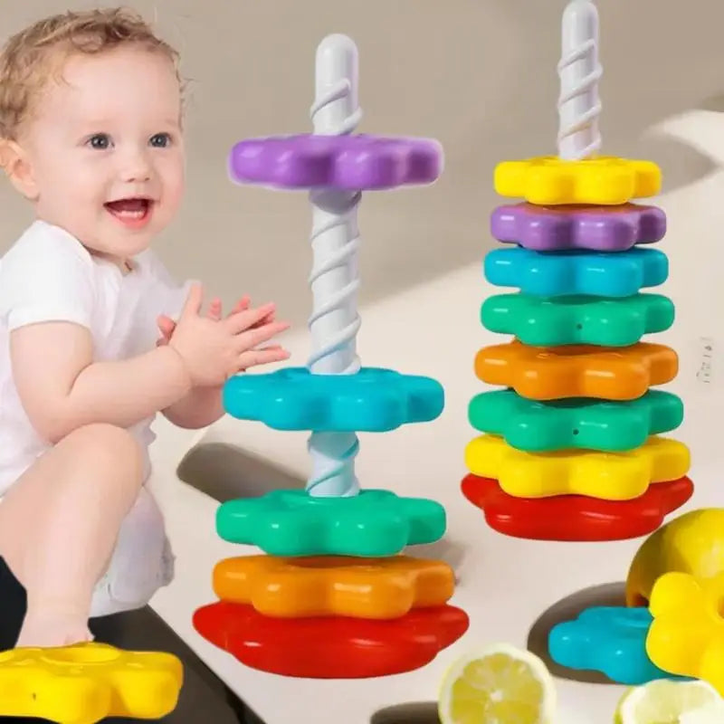 Montessori Rainbow Stacking Tower with Spinning Rings
