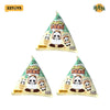 A set of blind box panda figures packaged in a triangular cardboard display.