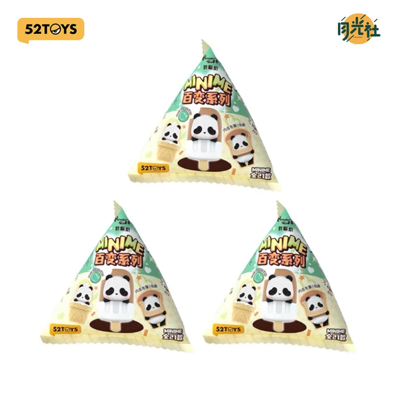 A set of blind box panda figures packaged in a triangular cardboard display.