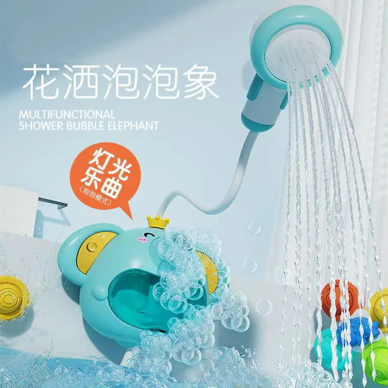 A light blue elephant shower bubble toy spraying water in a bathtub.